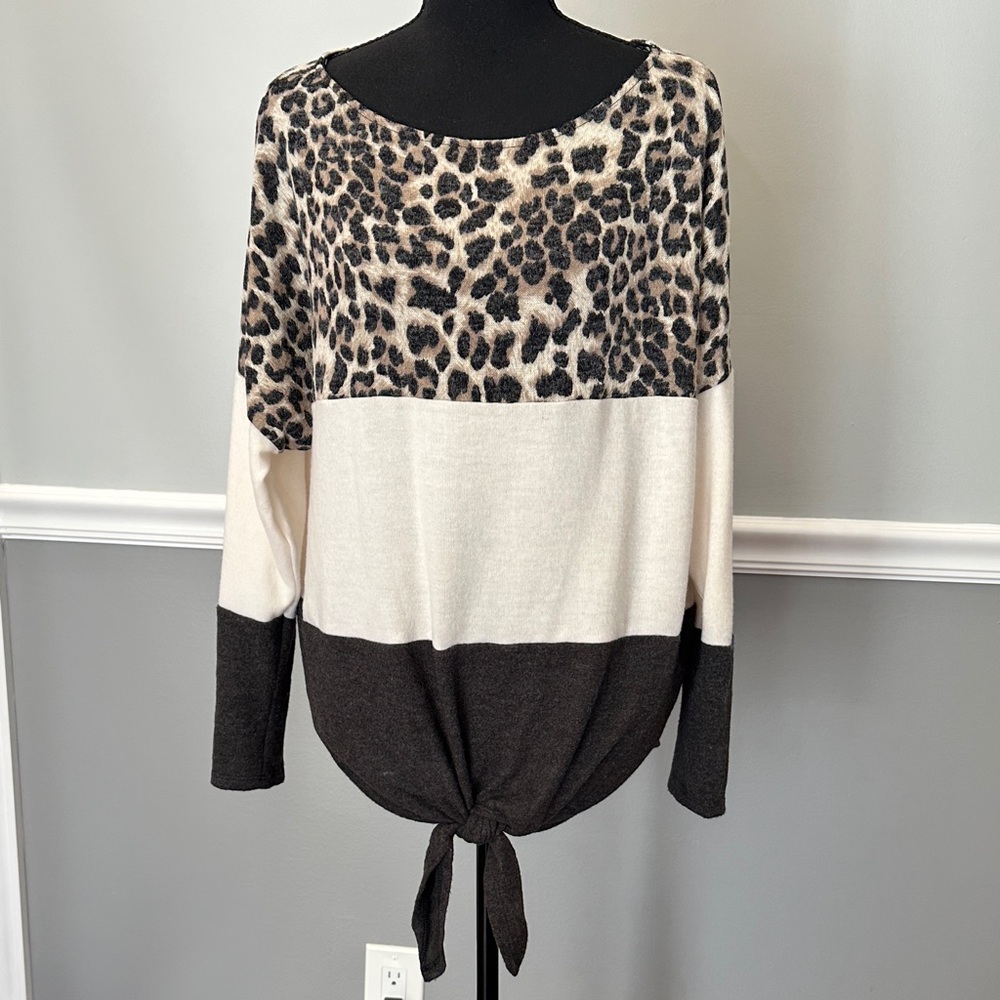 CY Fashion Chic Leopard and Color Block Long Sleeve Top